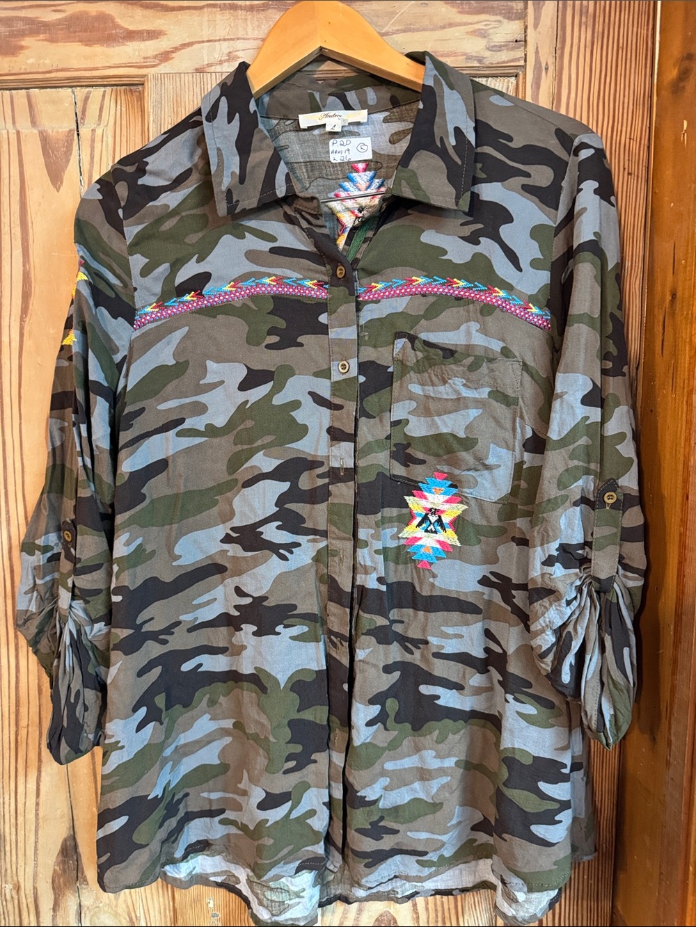 Boho Camo Button-Up Shirt with Embroidered Accent Aztec